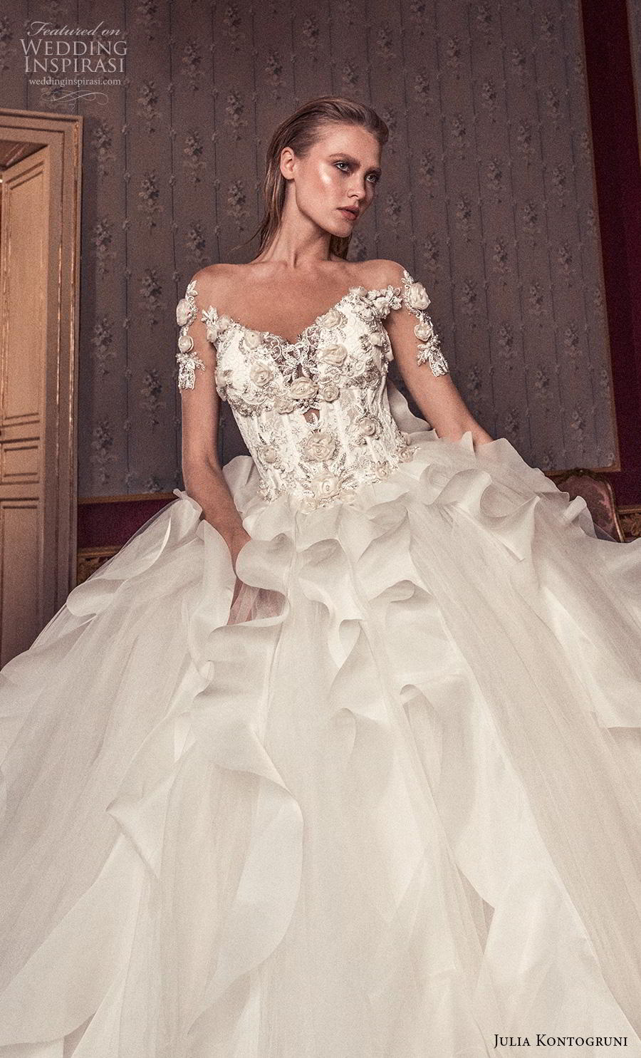 julia kontogruni 2019 bridal half sleeves v neck heavily embellished bodice ruffled skirt princess ball gown a  line wedding dress backless royal train (2) zv