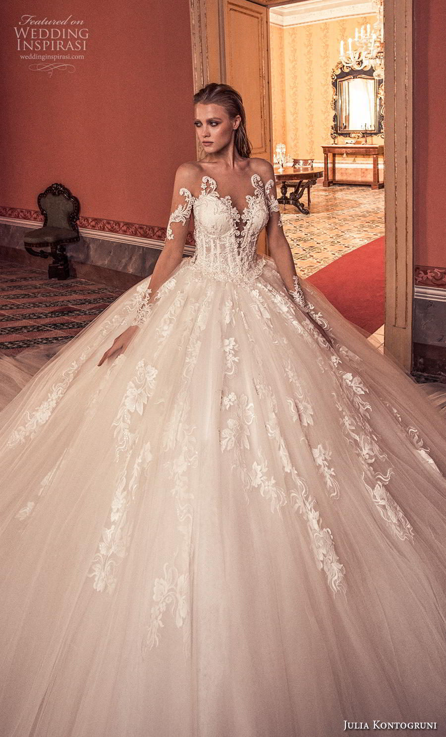 julia kontogruni 2019 bridal long sleeves deep sweetheart neckline heavily embellished bodice ball gown a  line wedding dress sheer button back royal train (8) zv