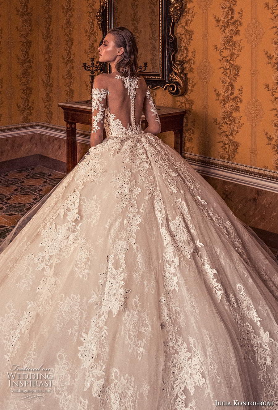 julia kontogruni 2019 bridal off the shoulder half sleeves sweetheart neckline full embellishment princess ball gown a  line wedding dress sheer button back royal train (6) zbv