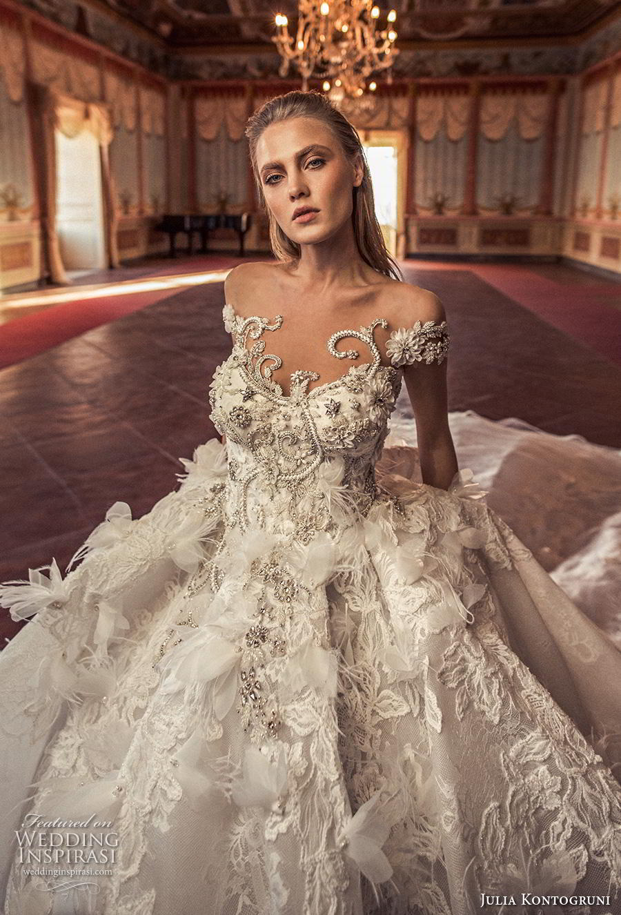 julia kontogruni 2019 bridal off the shoulder sweetheart neckline heavily embellished bodice princess ball gown a  line wedding dress sheer button back royal train (5) zv