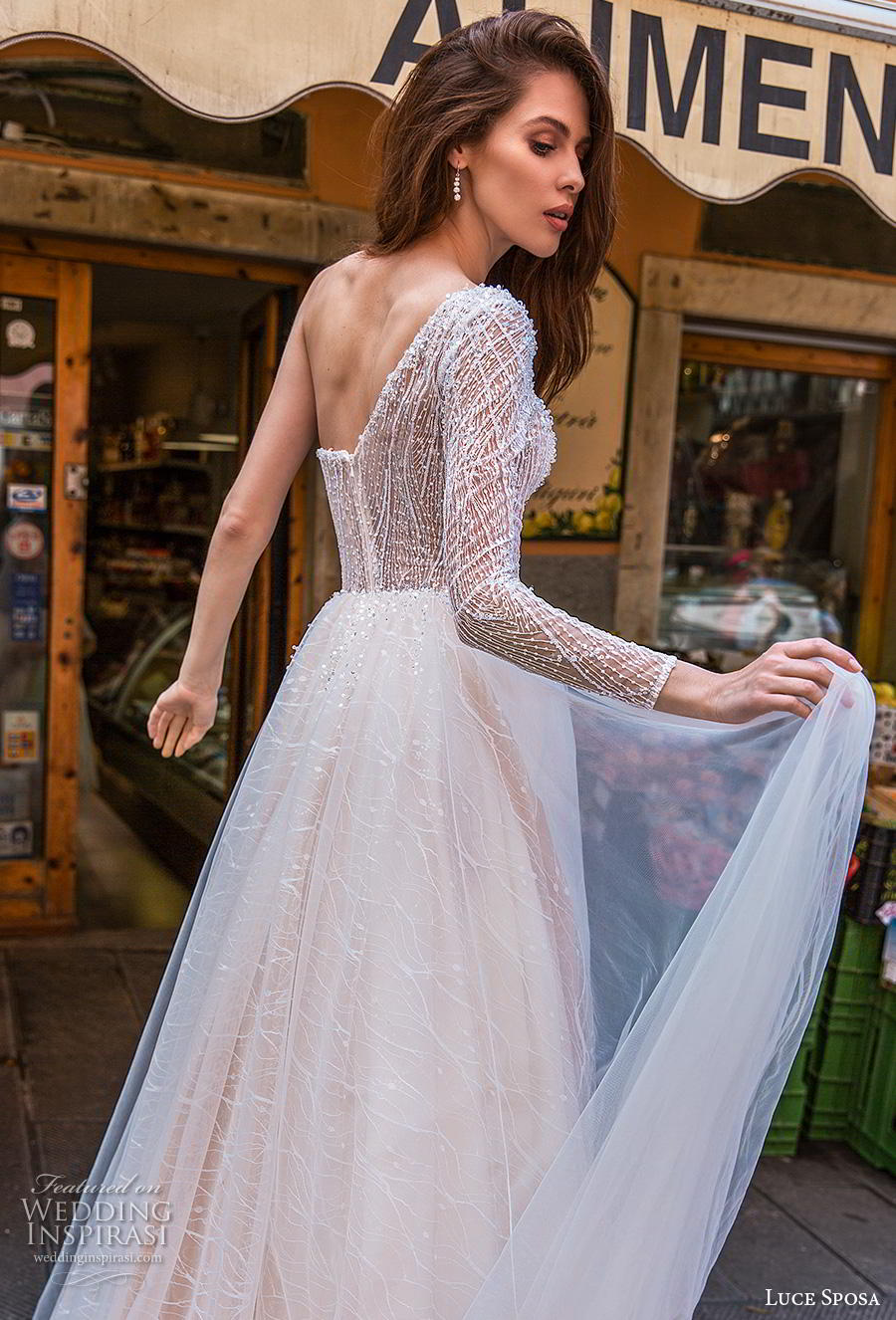 luce sposa 2019 bridal long sleeves one shoulder heavily embellished bodice romantic blush a  line wedding dress chapel train (9) bv