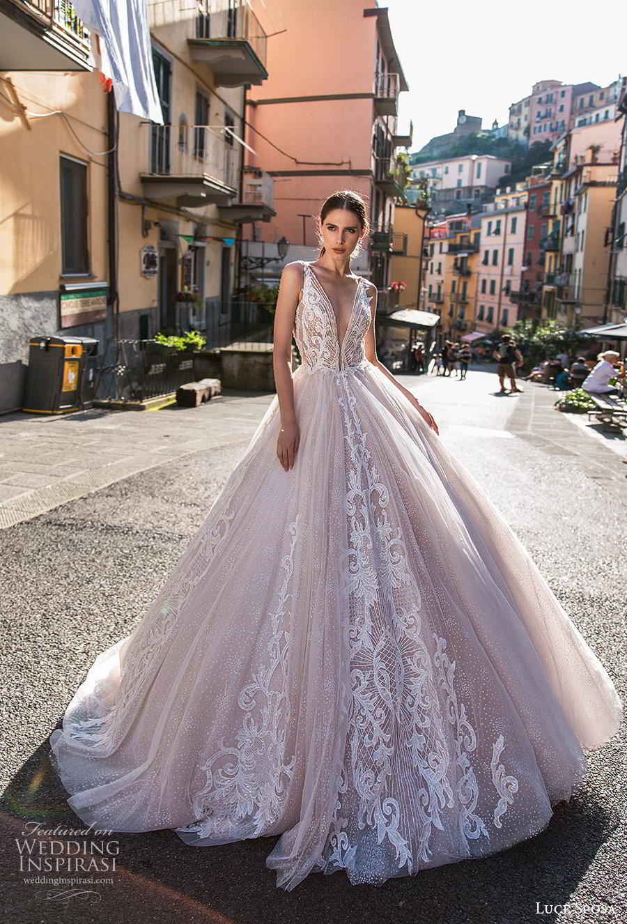 luce sposa 2019 bridal sleeveless deep v neck heavily embellised bodice romantic princess blush a  line wedding dress backless v back chapel train (4) mv