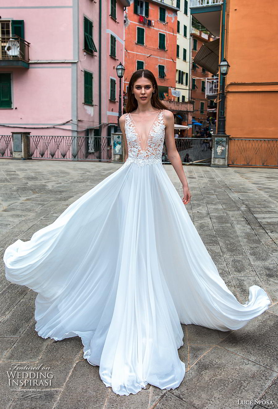 luce sposa 2019 bridal sleeveless deep v neck heavily embellished bodice romantic soft a  line wedding dress sheer lace back chapel train (11) mv