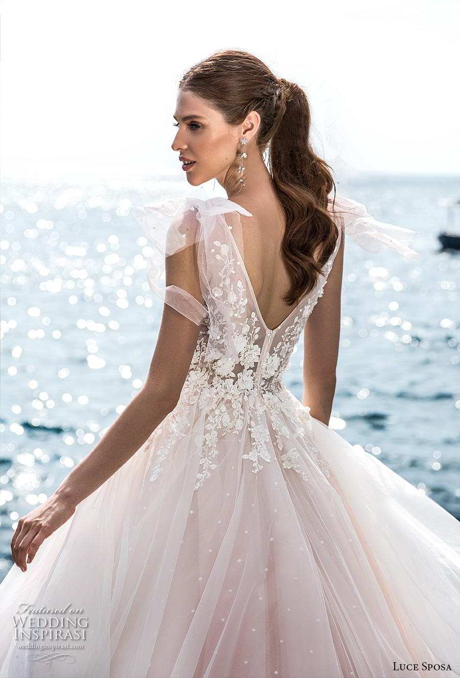 luce sposa 2019 bridal sleeveless ribbon strap v neck heavily embellished bodice romantic blush a  line wedding dress v back chapel train (1) zbv