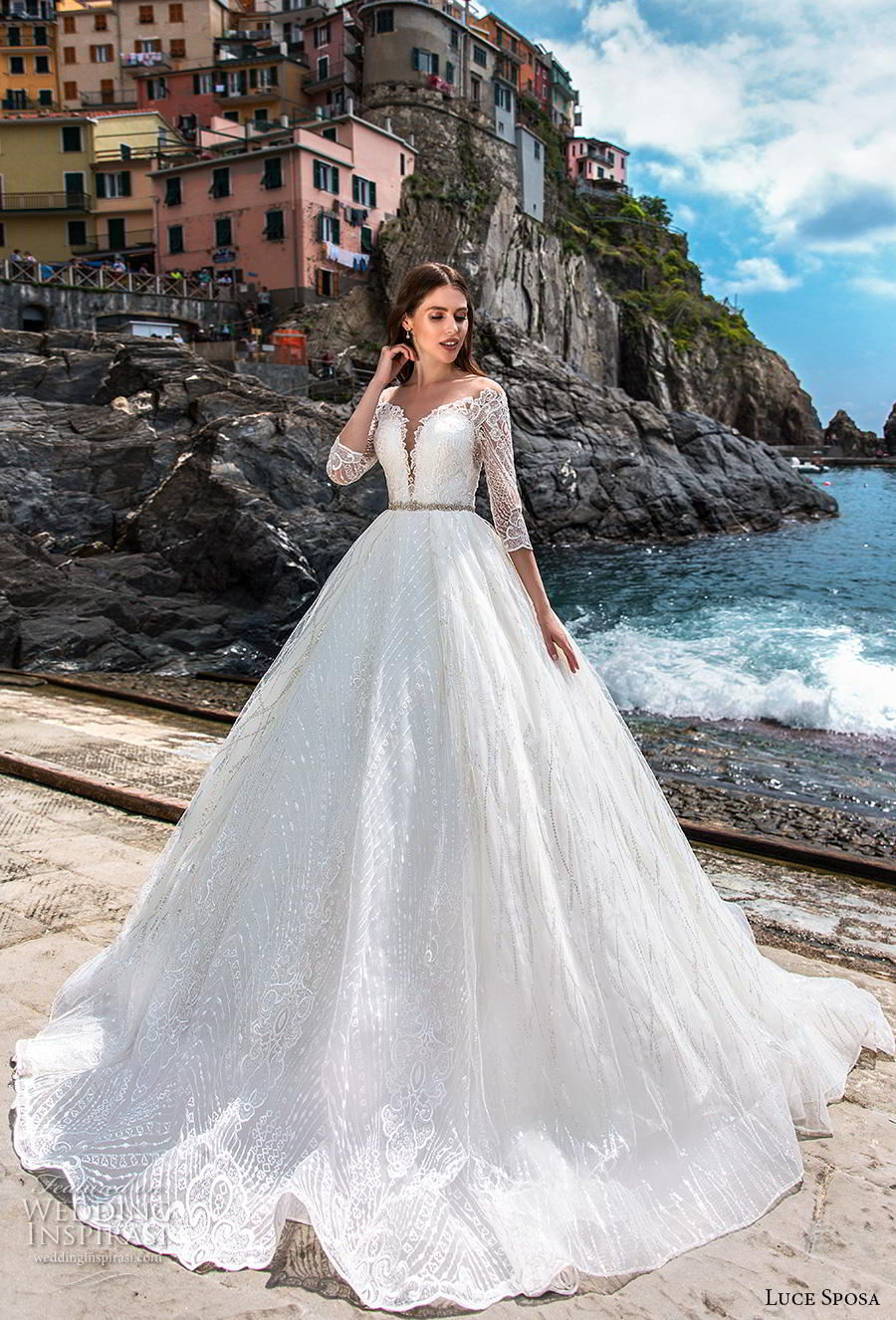 luce sposa 2019 bridal three quarter sleeves deep plunging sweetheart neckline full embellishment romantic a  line wedding dress lace back chapel train (10) mv