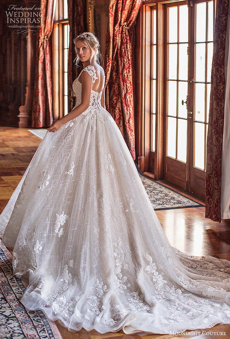 moonlight s2019 couture bridal cap sleeves sweetheart neckline heavily embellished bodice romantic ball gown a  line wedding dress mid back chapel train (1) bv