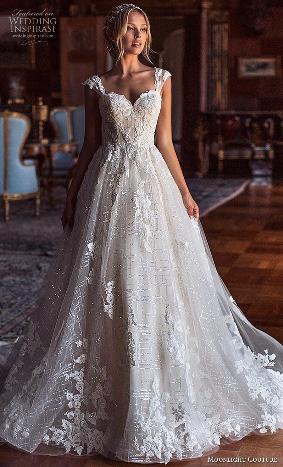 moonlight s2019 couture bridal cap sleeves sweetheart neckline heavily embellished bodice romantic ball gown a  line wedding dress mid back chapel train (1) mv