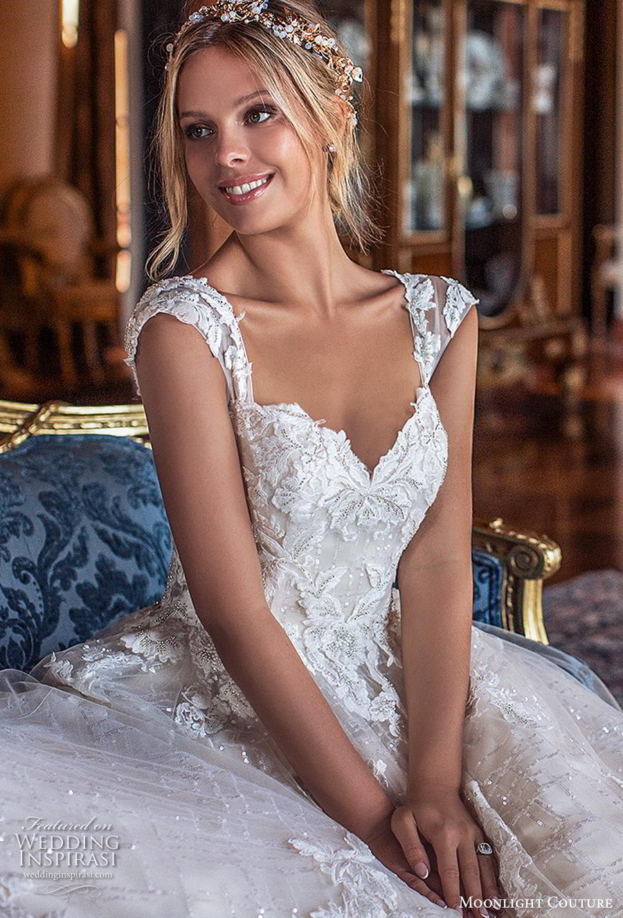 moonlight s2019 couture bridal cap sleeves sweetheart neckline heavily embellished bodice romantic ball gown a  line wedding dress mid back chapel train (1) zv