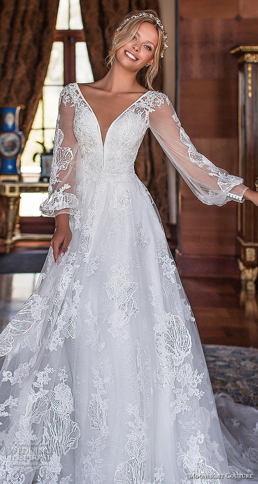 moonlight s2019 couture bridal long bishop sleeves v neck full embellishment romantic elegant a  line wedding dress backless low scoop back chapel train (6) lv