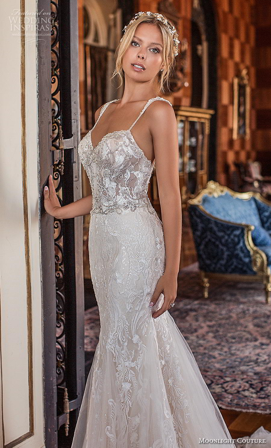 moonlight s2019 couture bridal thin strap sweetheart neckline heavily embellised bodice elegant trumpet wedding dress mid back chapel train (2) zv