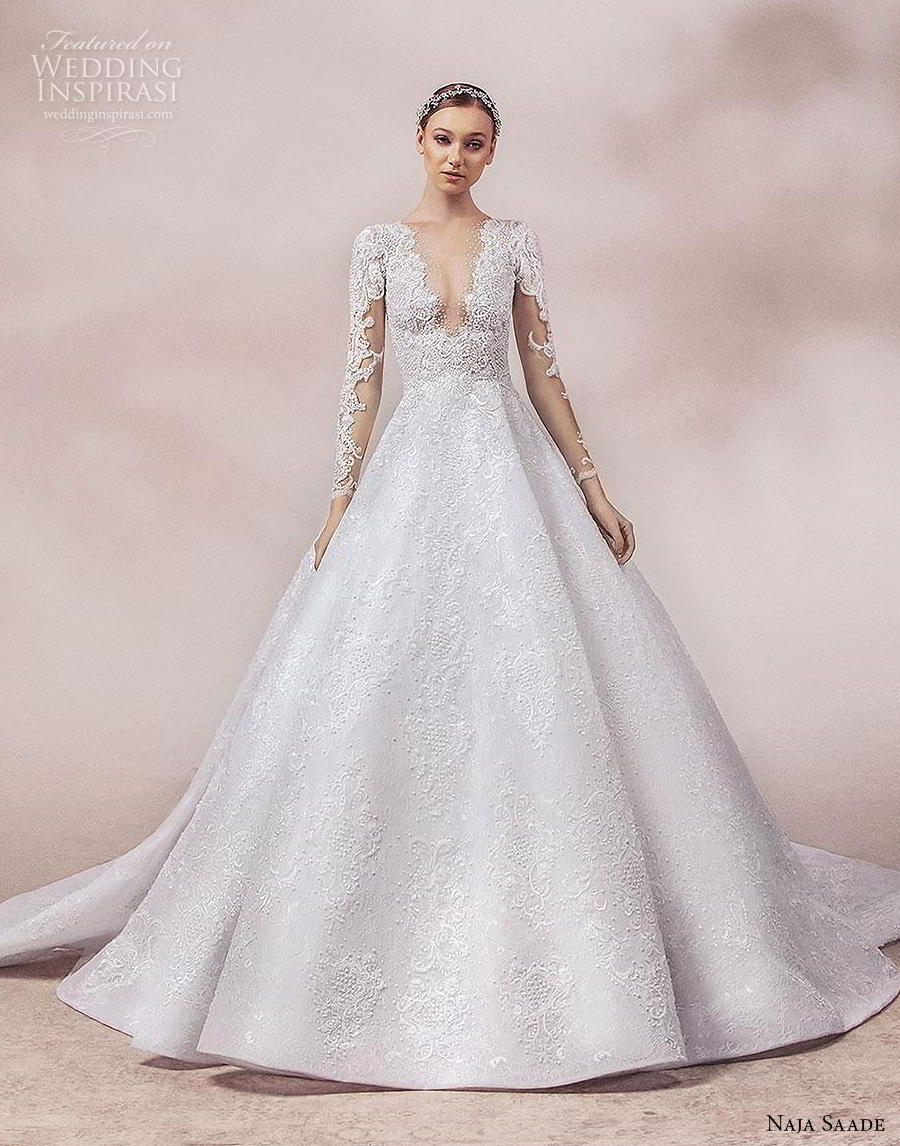 naja saade 2018 bridal long sleeves deep v neck full embellishment romantic elegant a  line wedding dress chapel train (13) mv