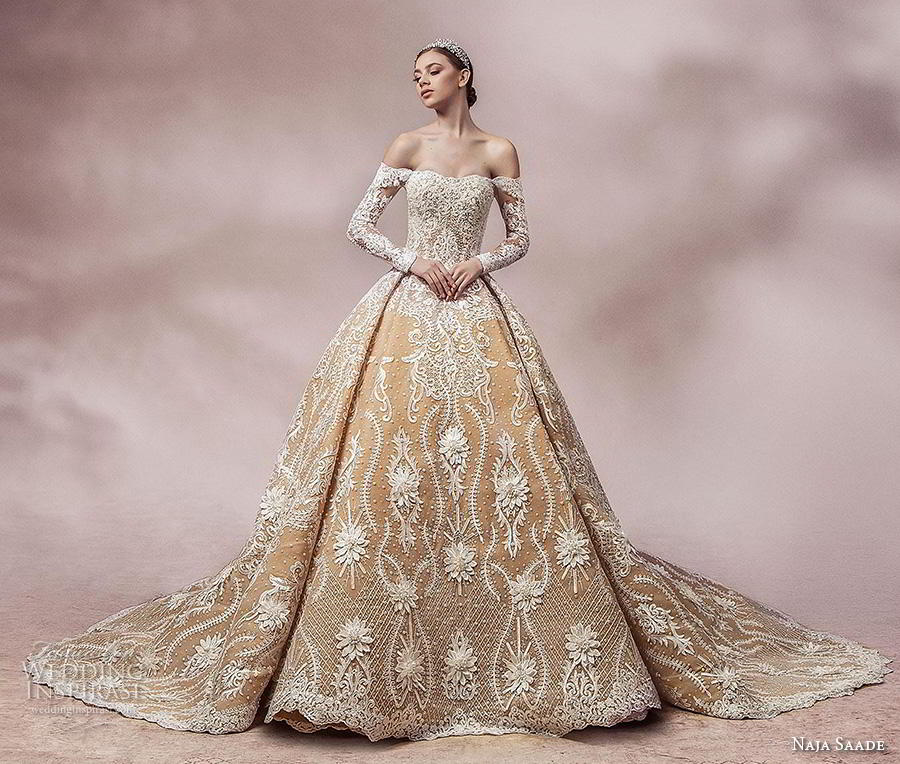 naja saade 2018 bridal long sleeves off the shoulder semi sweetheart neckline full embellishment princess gold ball gown a line wedding dress mid back royal train (3) mv naja saade 2018 bridal long sleeves off the shoulder semi sweetheart neckline full embellishment princess gold ball gown a line wedding dress mid back royal train (3) mv