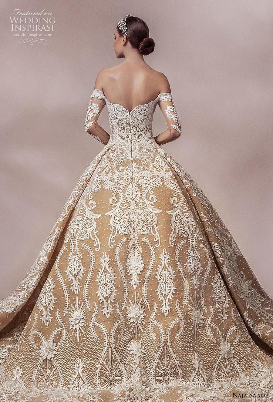 naja saade 2018 bridal long sleeves off the shoulder semi sweetheart neckline full embellishment princess gold ball gown a  line wedding dress mid back royal train (3) zbv