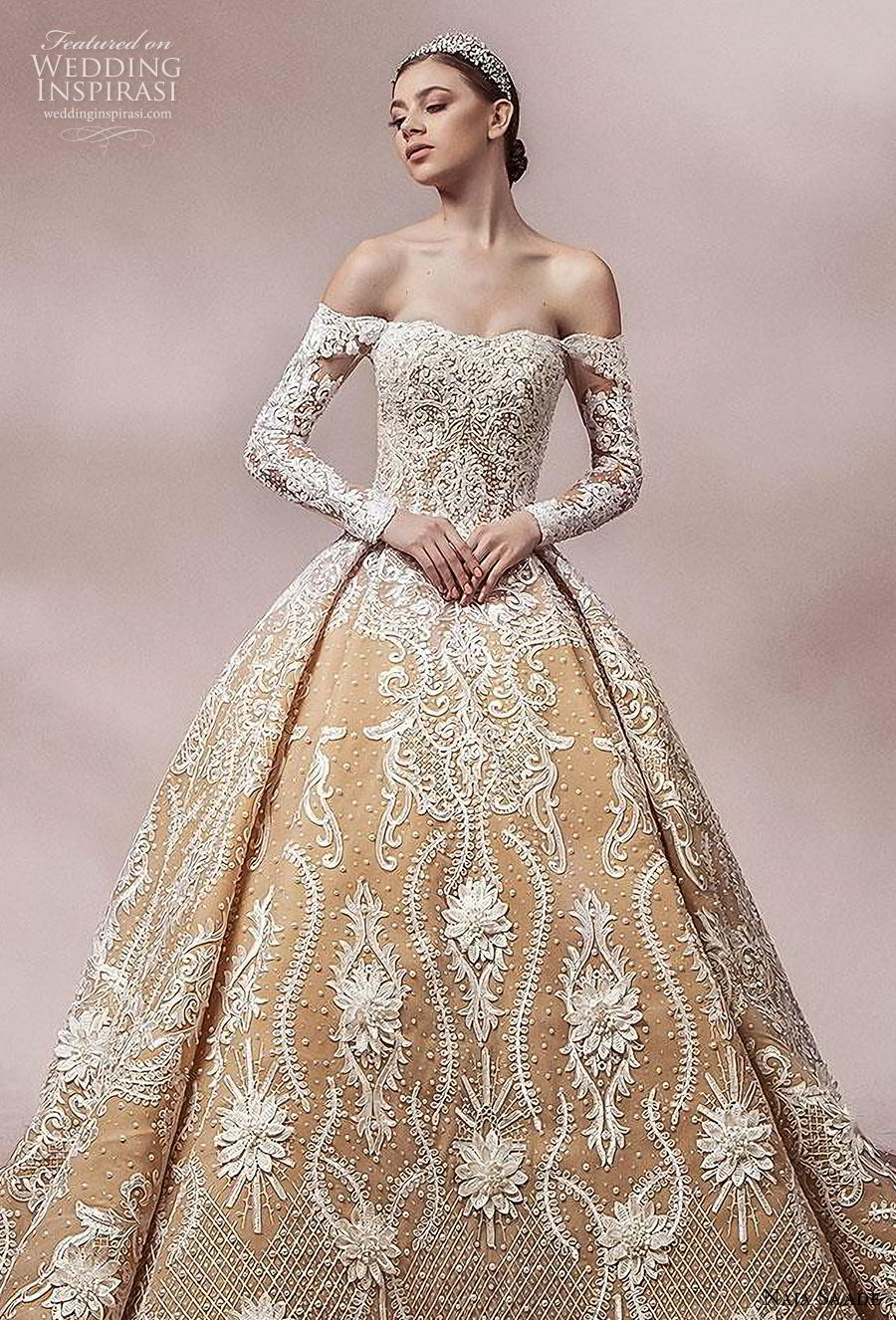 naja saade 2018 bridal long sleeves off the shoulder semi sweetheart neckline full embellishment princess gold ball gown a  line wedding dress mid back royal train (3) zv