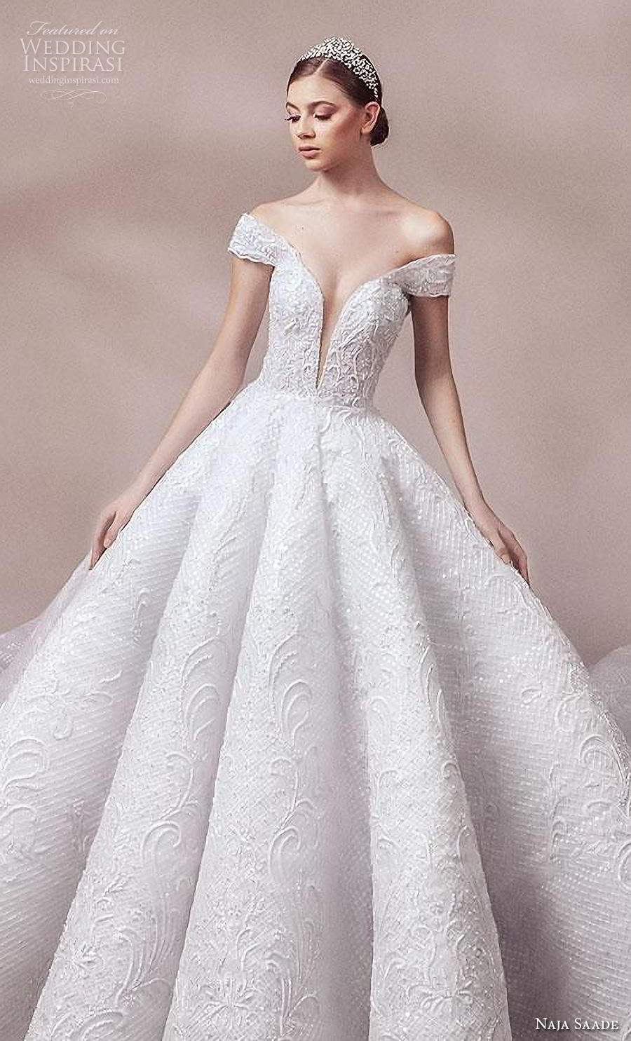 naja saade 2018 bridal off the shoulder deep plunging sweetheart neckline full embellishment princess ball gown a  line wedding dress scoop back royal train (2) zv