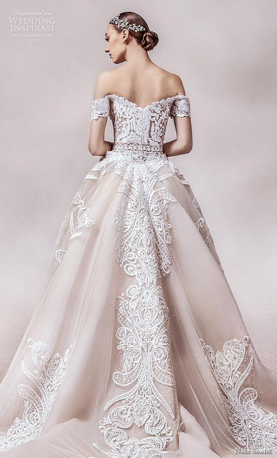 naja saade 2018 bridal off the shoulder semi sweetheart neckline full embellishment elegant glamorous sheath wedding dress a  line overskirt mid back royal train (1) zbv