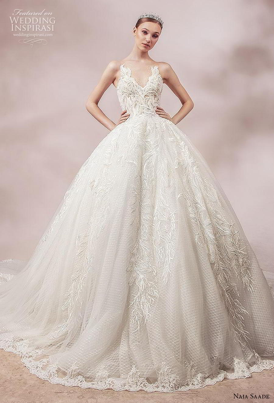 naja saade 2018 bridal sleeveless sheer strap v neck full embellishment romantic princess ball gown a  line wedding dress sheer lace back royal train (8) mv