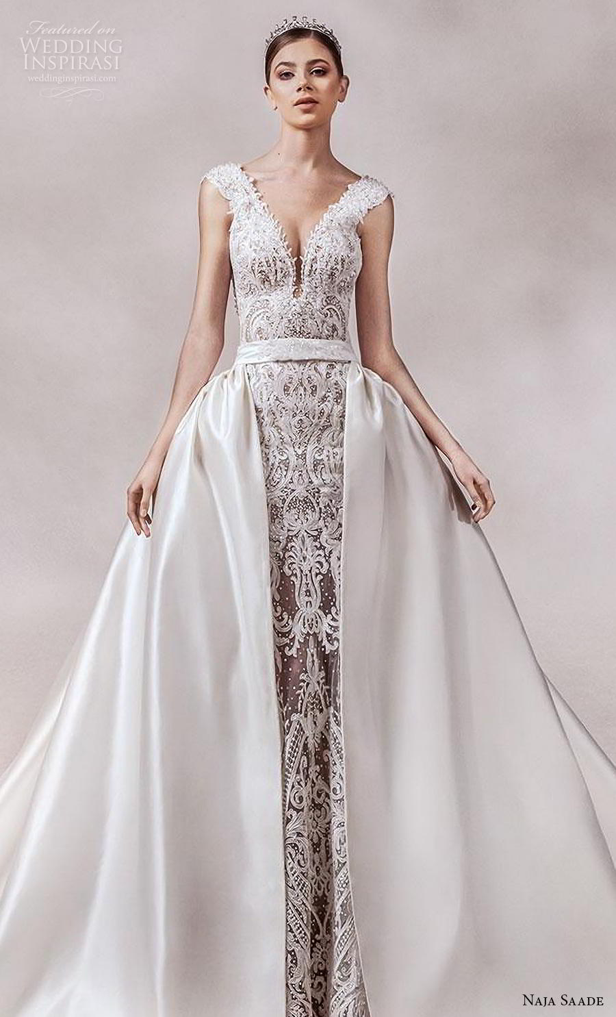 naja saade 2018 bridal sleeveless thick strap deep v neck full embellishment glamorous princess sheath wedding dress a  line overskirt backless scoop back royal train (14) zv