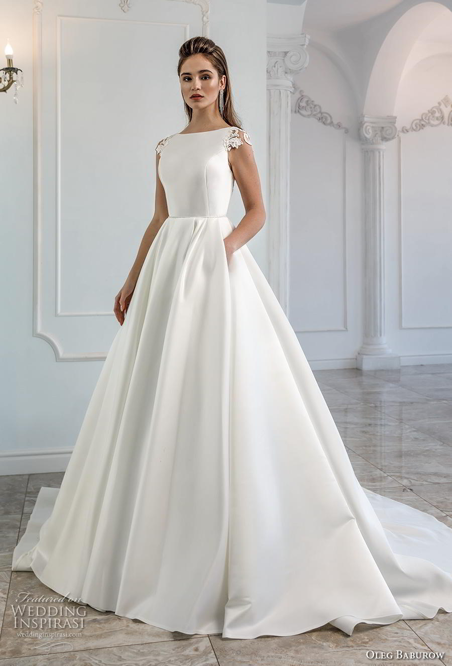 oleg baburow 2019 bridal cap sleeves bateau neckline simple minimalist elegant a  line wedding dress pockets mid back chapel train (4) mv