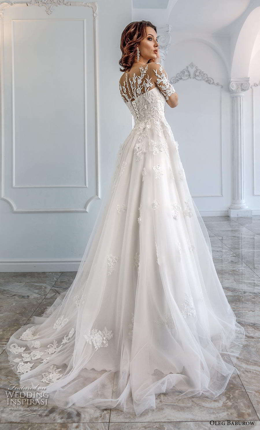 oleg baburow 2019 bridal half sleeves sweetheart neckline heavily embellished bodice romantic soft a  line wedding dress sheer lace back chapel train (10) bv