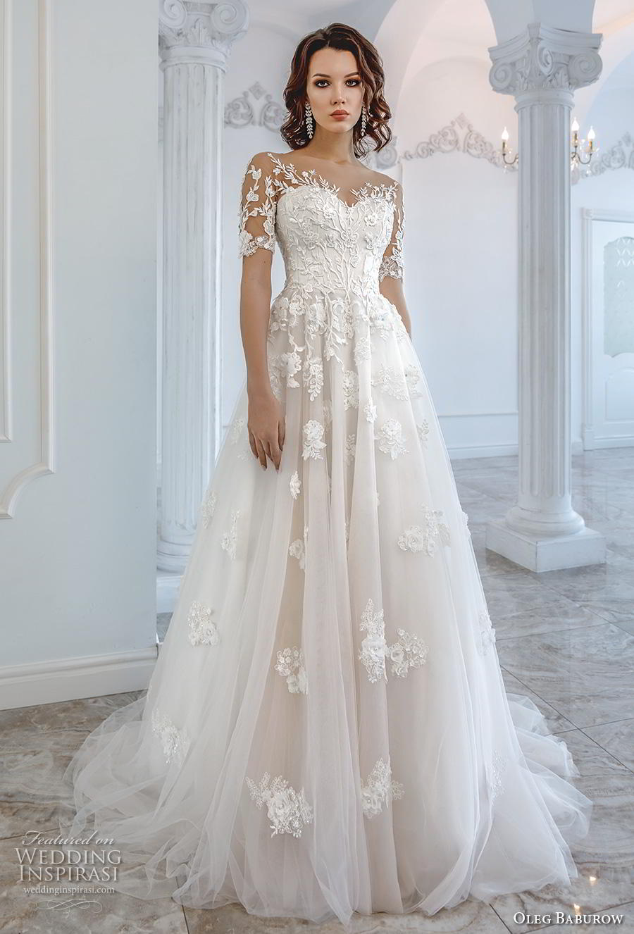 oleg baburow 2019 bridal half sleeves sweetheart neckline heavily embellished bodice romantic soft a  line wedding dress sheer lace back chapel train (10) mv