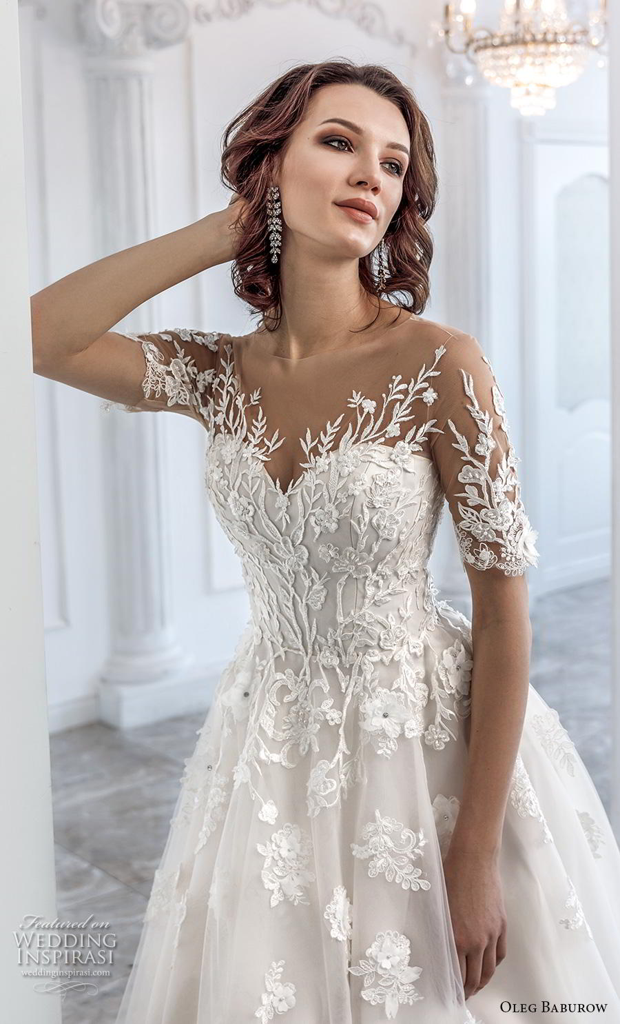 oleg baburow 2019 bridal half sleeves sweetheart neckline heavily embellished bodice romantic soft a  line wedding dress sheer lace back chapel train (10) zv