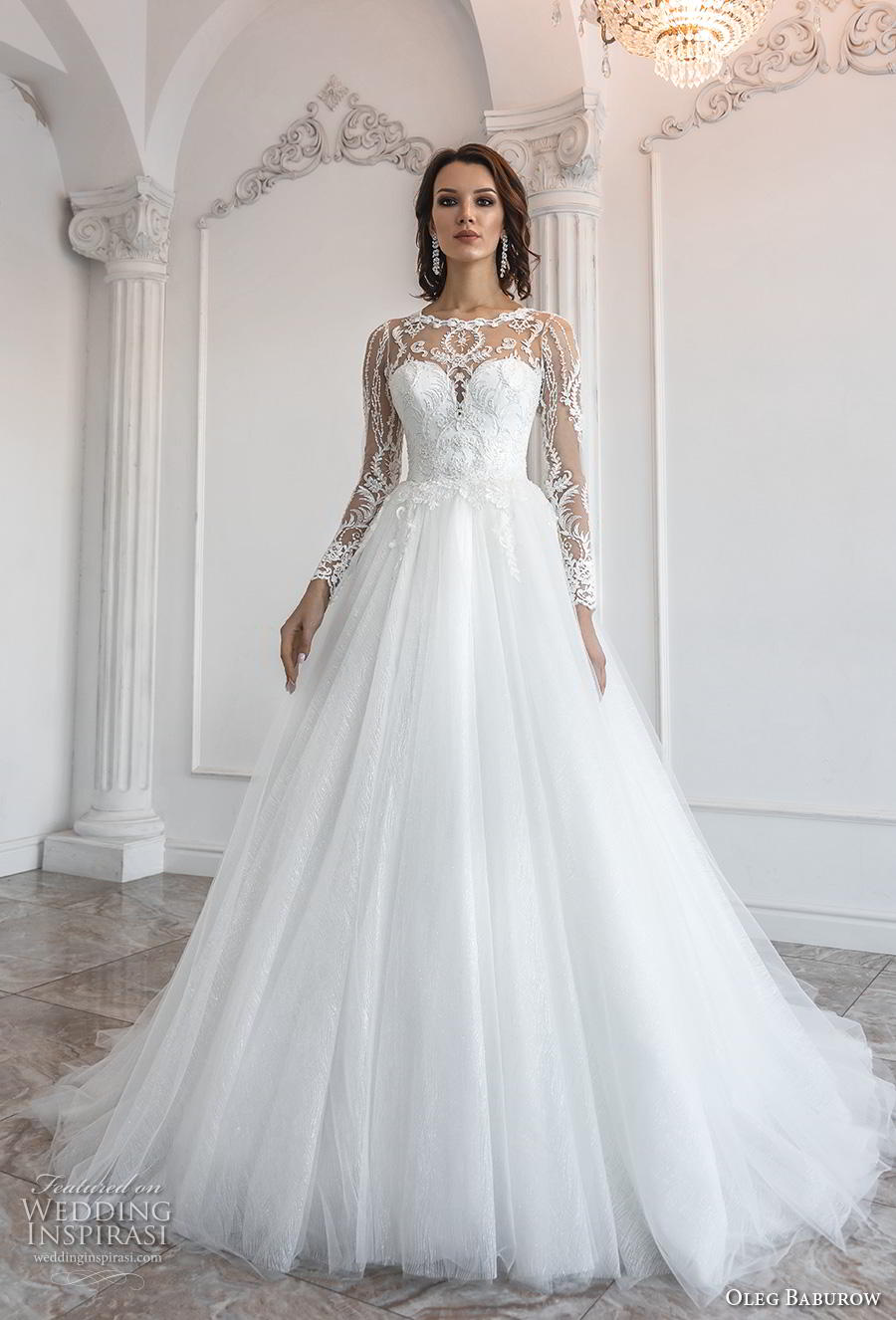 oleg baburow 2019 bridal long sleeves illusion jewel sweetheart neckline heavily embellished bodice romantic a  line wedding dress sheer lace back chapel train (8) mv