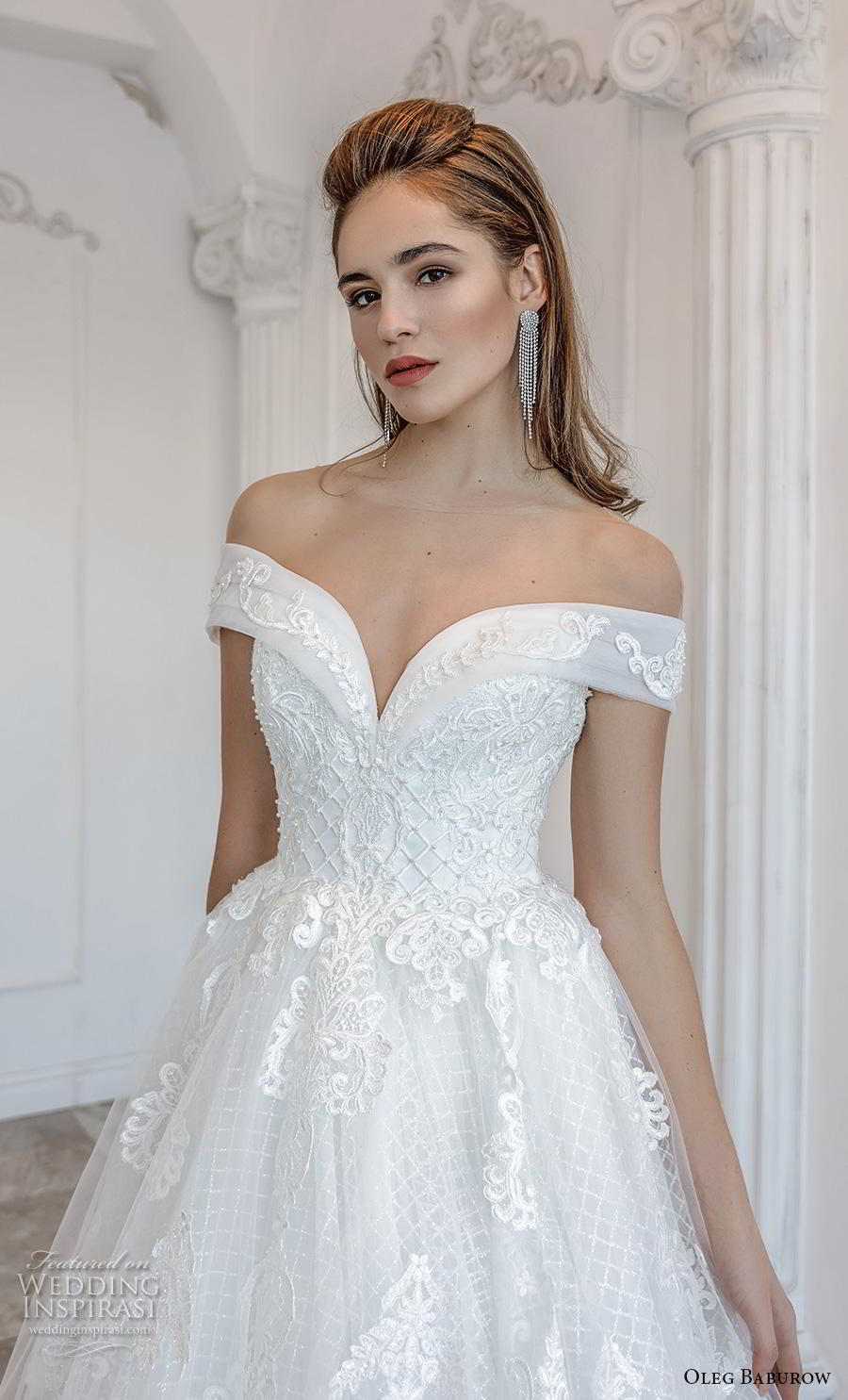 oleg baburow 2019 bridal off the shoulder sweethert neckline heavily embellished bodice romantic princess a  line wedding dress mid back chapel train (2) zv