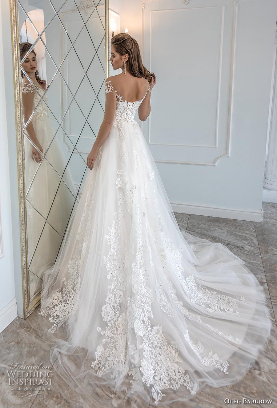 oleg baburow 2019 bridal sheer three quarter off shoulder sleeves sweetheart neckling heavily embellished bodice romantic a  line wedding dress chapel train (3) bv