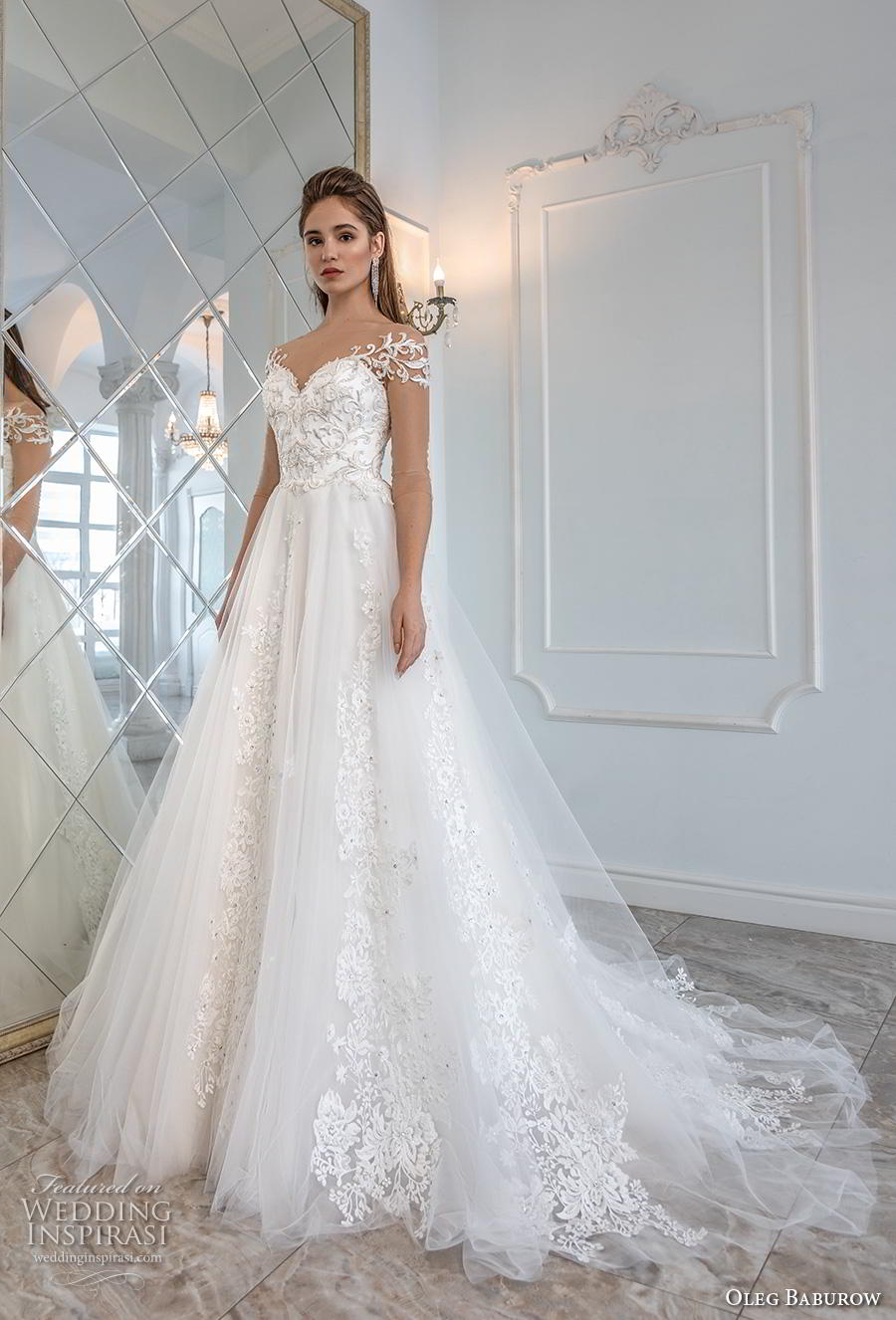 oleg baburow 2019 bridal sheer three quarter off shoulder sleeves sweetheart neckling heavily embellished bodice romantic a  line wedding dress chapel train (3) mv