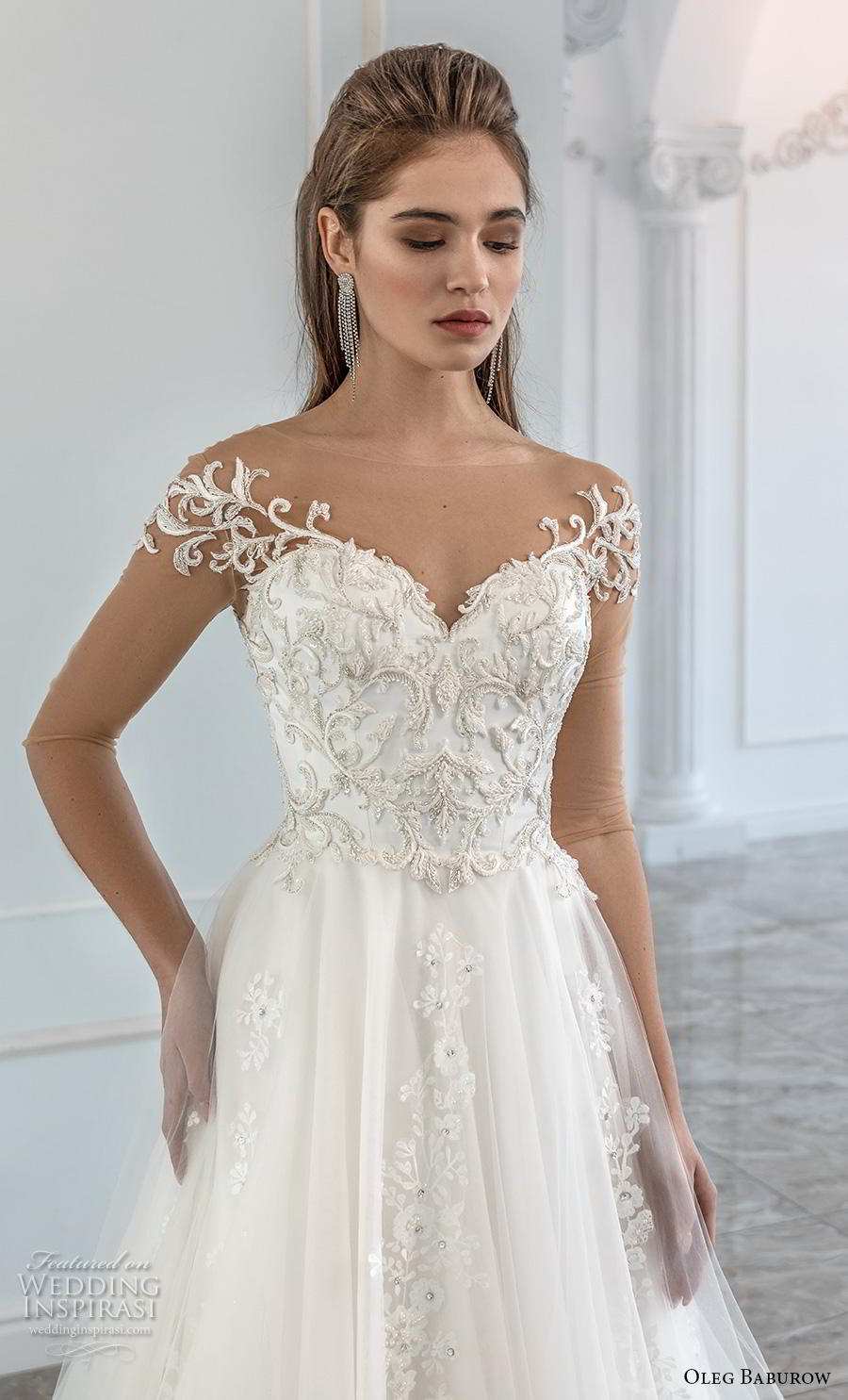 oleg baburow 2019 bridal sheer three quarter off shoulder sleeves sweetheart neckling heavily embellished bodice romantic a  line wedding dress chapel train (3) zv