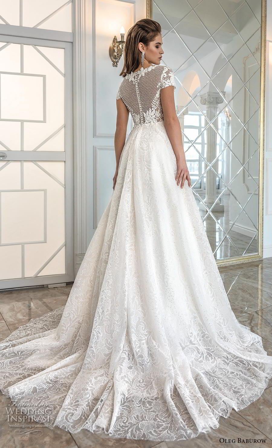 oleg baburow 2019 bridal short sleeves bateau neck heavily embellished bodice romantic soft a  line wedding dress sheer button back chapel train (6) bv