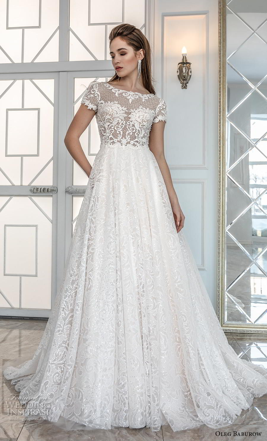 oleg baburow 2019 bridal short sleeves bateau neck heavily embellished bodice romantic soft a  line wedding dress sheer button back chapel train (6) mv