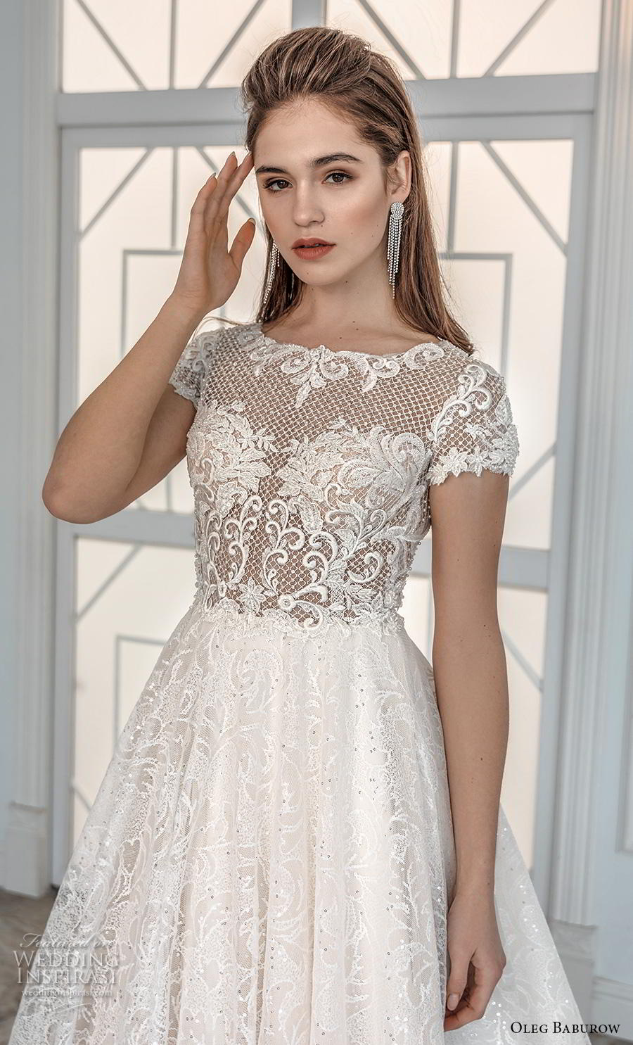 oleg baburow 2019 bridal short sleeves bateau neck heavily embellished bodice romantic soft a  line wedding dress sheer button back chapel train (6) zv