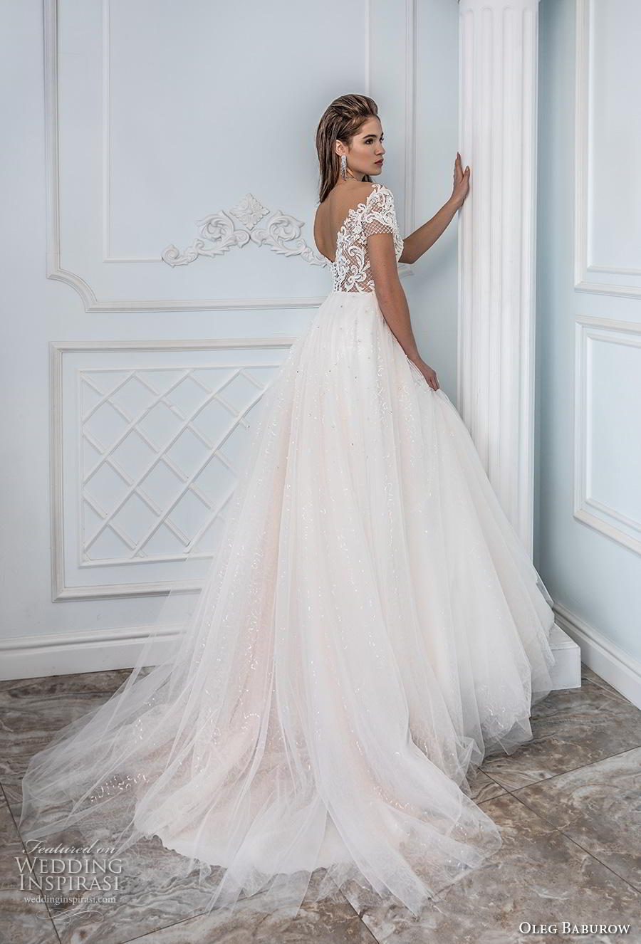 oleg baburow 2019 bridal short sleeves sheer bateau sweetheart neckline heavily embellished bodice tulle skirt romantic a  line wedding dress v back chapel train (9) bv