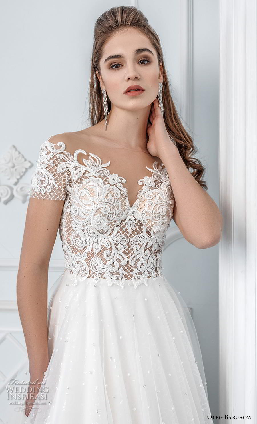 oleg baburow 2019 bridal short sleeves sheer bateau sweetheart neckline heavily embellished bodice tulle skirt romantic a  line wedding dress v back chapel train (9) zv