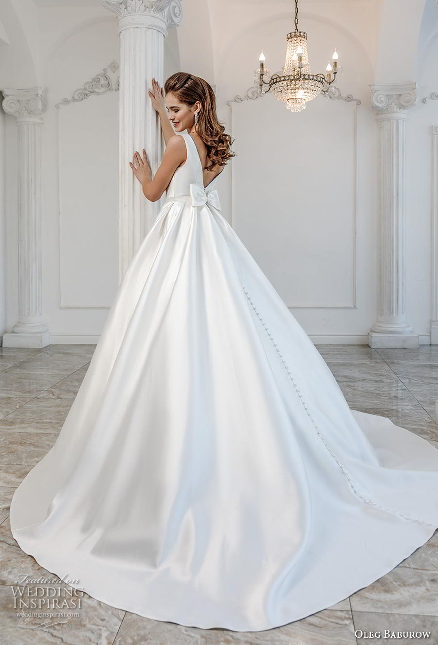 oleg baburow 2019 bridal sleeveless bateau neck simple minimalist pleated skirt elegant a  line wedding dress pockets v ribbon back chapel train (5) bv