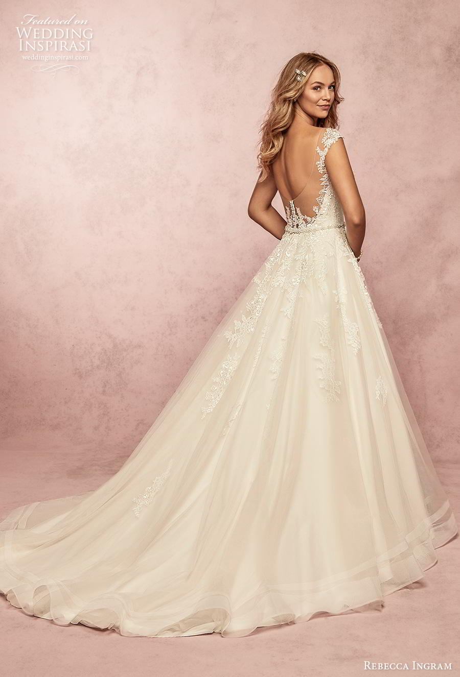 rebecca ingram s2019 bridal cap sleeves thick strap v neck heavily embellished bodice romantic a  line wedding dress backless scoop back chapel train (17) bv