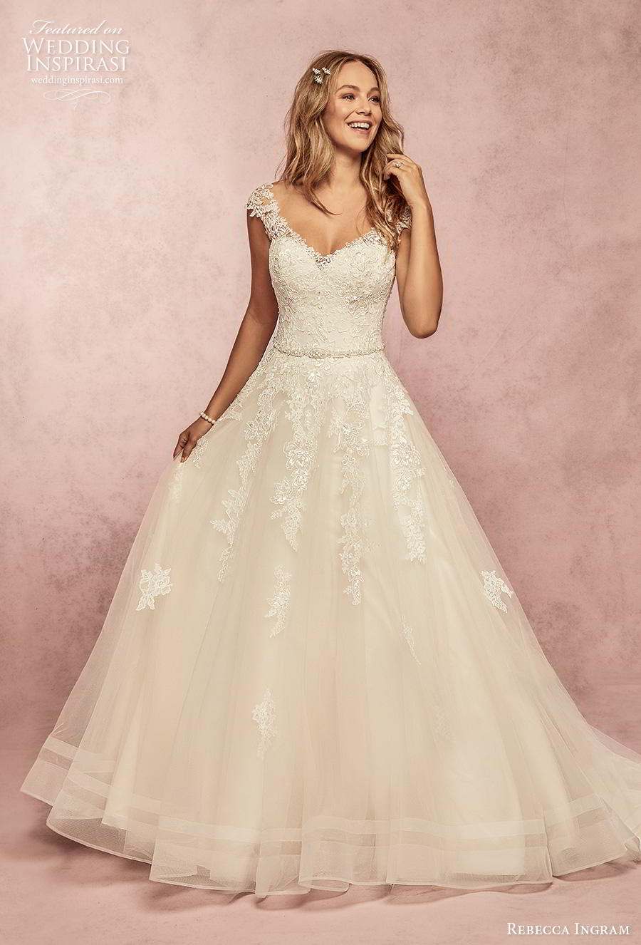 rebecca ingram s2019 bridal cap sleeves thick strap v neck heavily embellished bodice romantic a  line wedding dress backless scoop back chapel train (17) mv