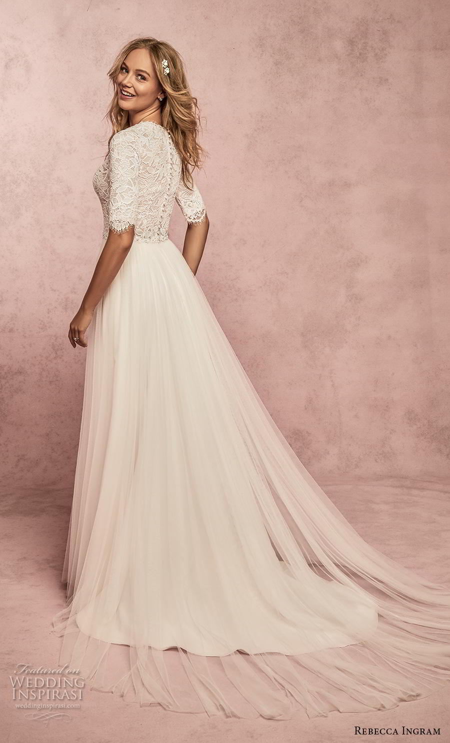 rebecca ingram s2019 bridal half sleeves v neck heavily embellished bodice romantic modest soft a  line wedding dress covered lace back sweep train (18) bv