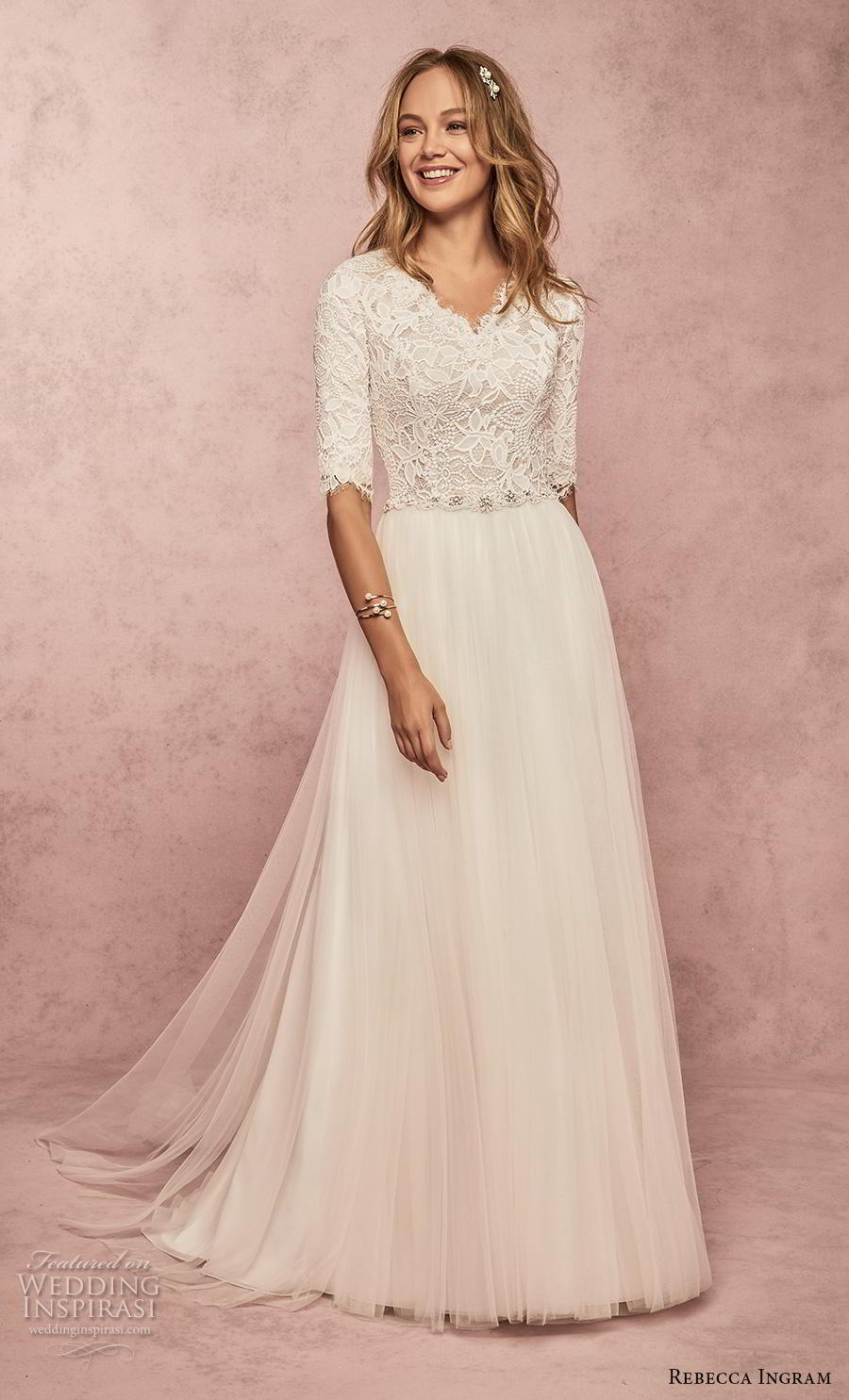 rebecca ingram s2019 bridal half sleeves v neck heavily embellished bodice romantic modest soft a  line wedding dress covered lace back sweep train (18) mv