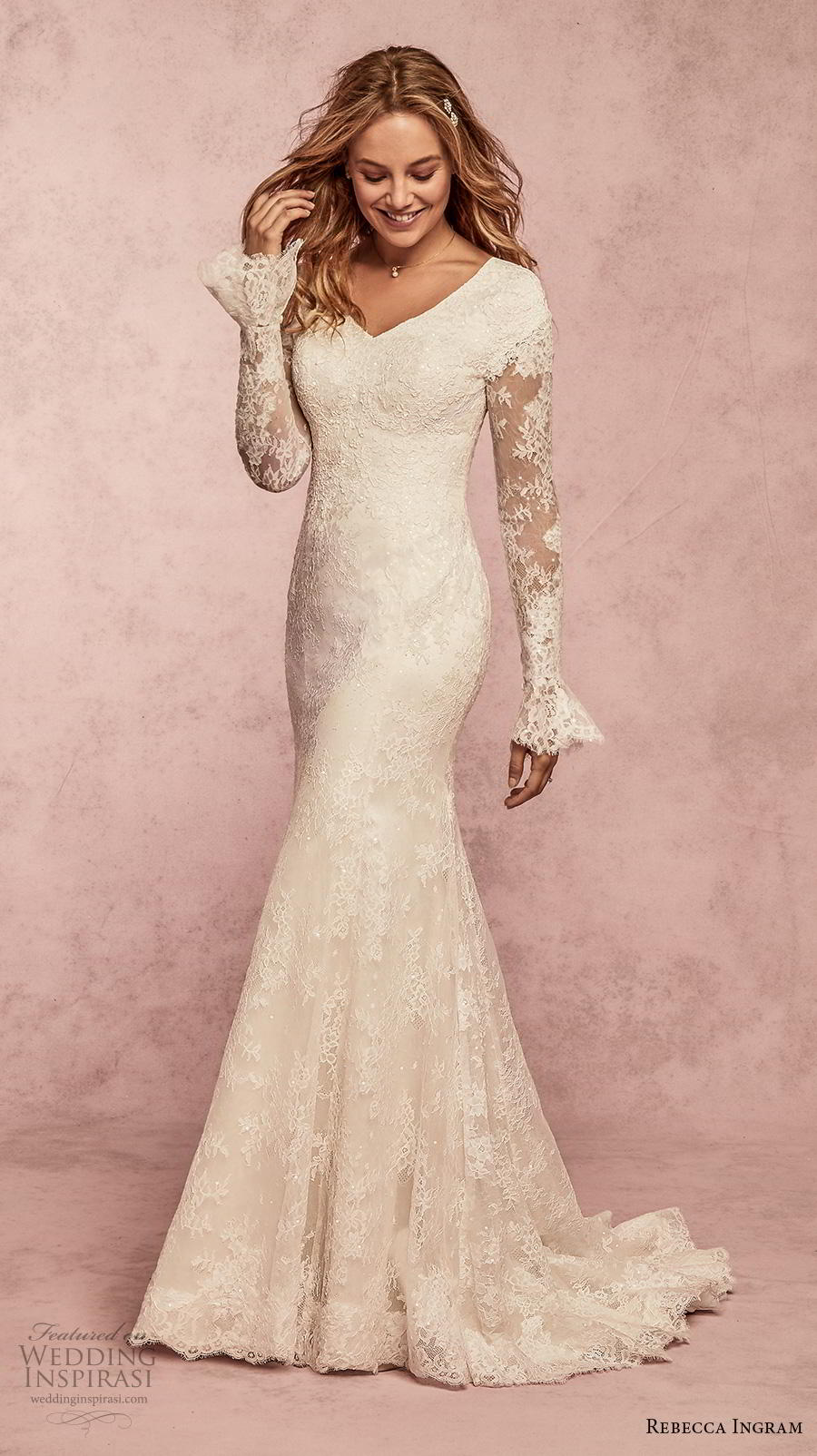 rebecca ingram s2019 bridal long poet sleeves v neck full embellishment elegant modest fit and flare wedding dress covered back sweep train (13) mv