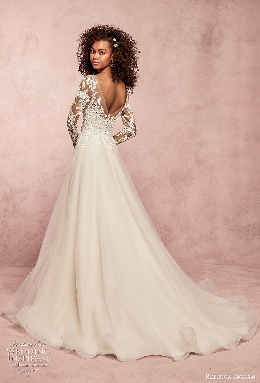 rebecca ingram s2019 bridal long sleeves sweetheart neckline bustier heavily embellished bodice a  line wedding dress v back chapel train (5) bv