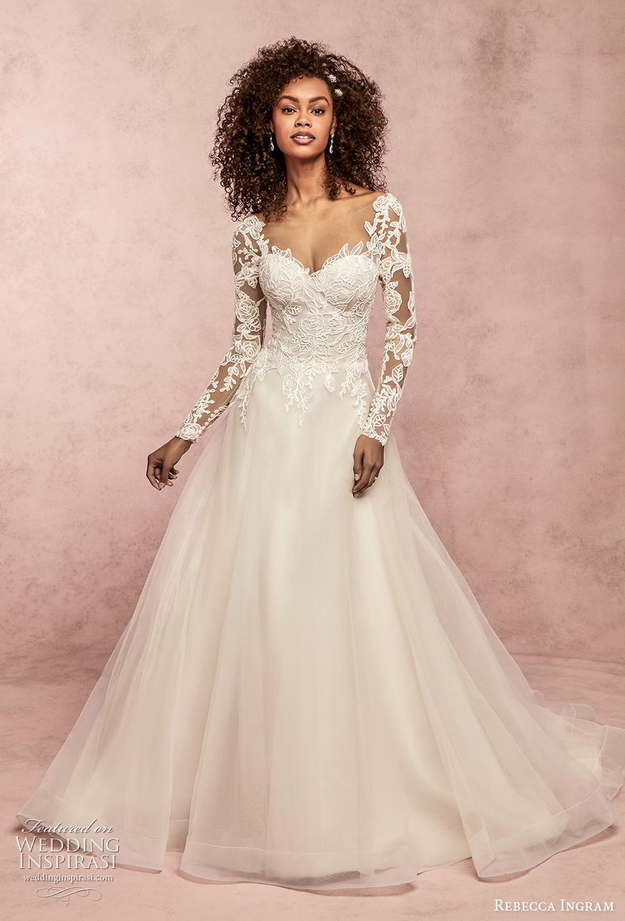 rebecca ingram s2019 bridal long sleeves sweetheart neckline bustier heavily embellished bodice a  line wedding dress v back chapel train (5) mv