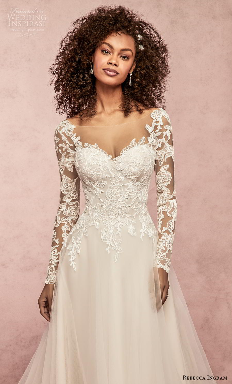 rebecca ingram s2019 bridal long sleeves sweetheart neckline bustier heavily embellished bodice a  line wedding dress v back chapel train (5) zv