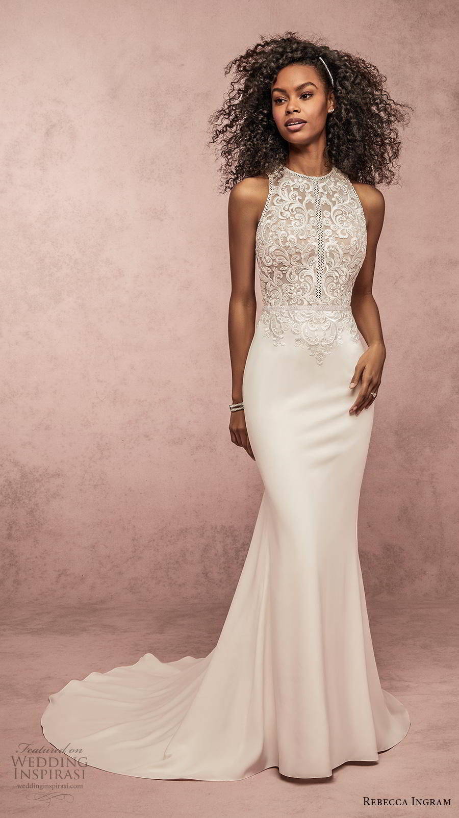 rebecca ingram s2019 bridal sleeveless halter neck heavily embellished bodice elegant fit and flare sheath wedding dress keyhole back medium train (14) mv