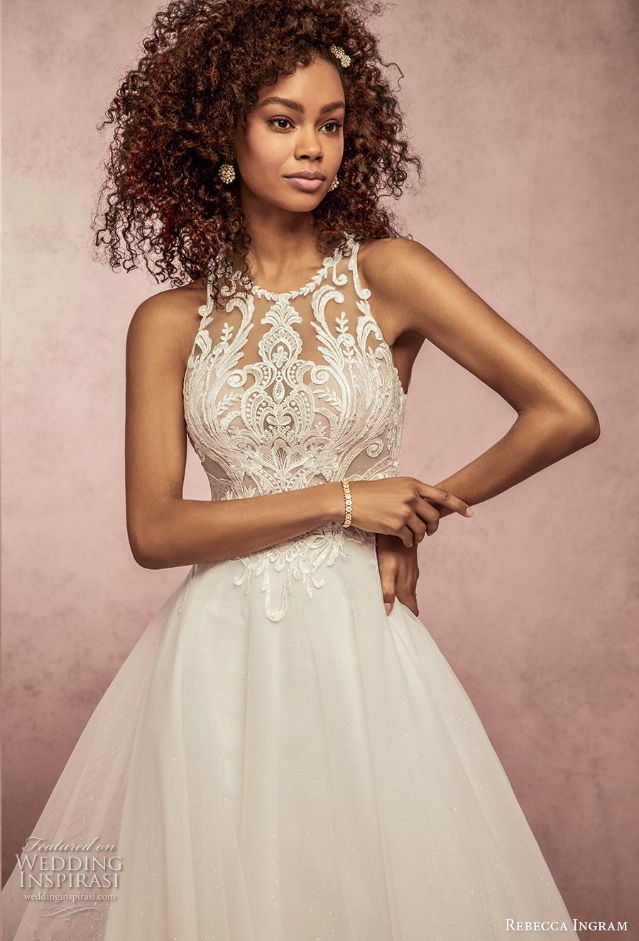 rebecca ingram s2019 bridal sleeveless halter neck jewel neck heavily embellished bodice romantic a  line wedding dress full lace back chapel train (10) zv