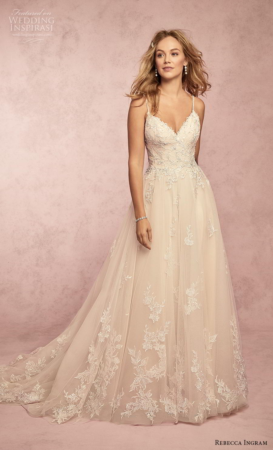 rebecca ingram s2019 bridal sleeveless spaghetti strap diamond neck heavily embellished bodice romantic a  line wedding dress backless chapel train (1) mv