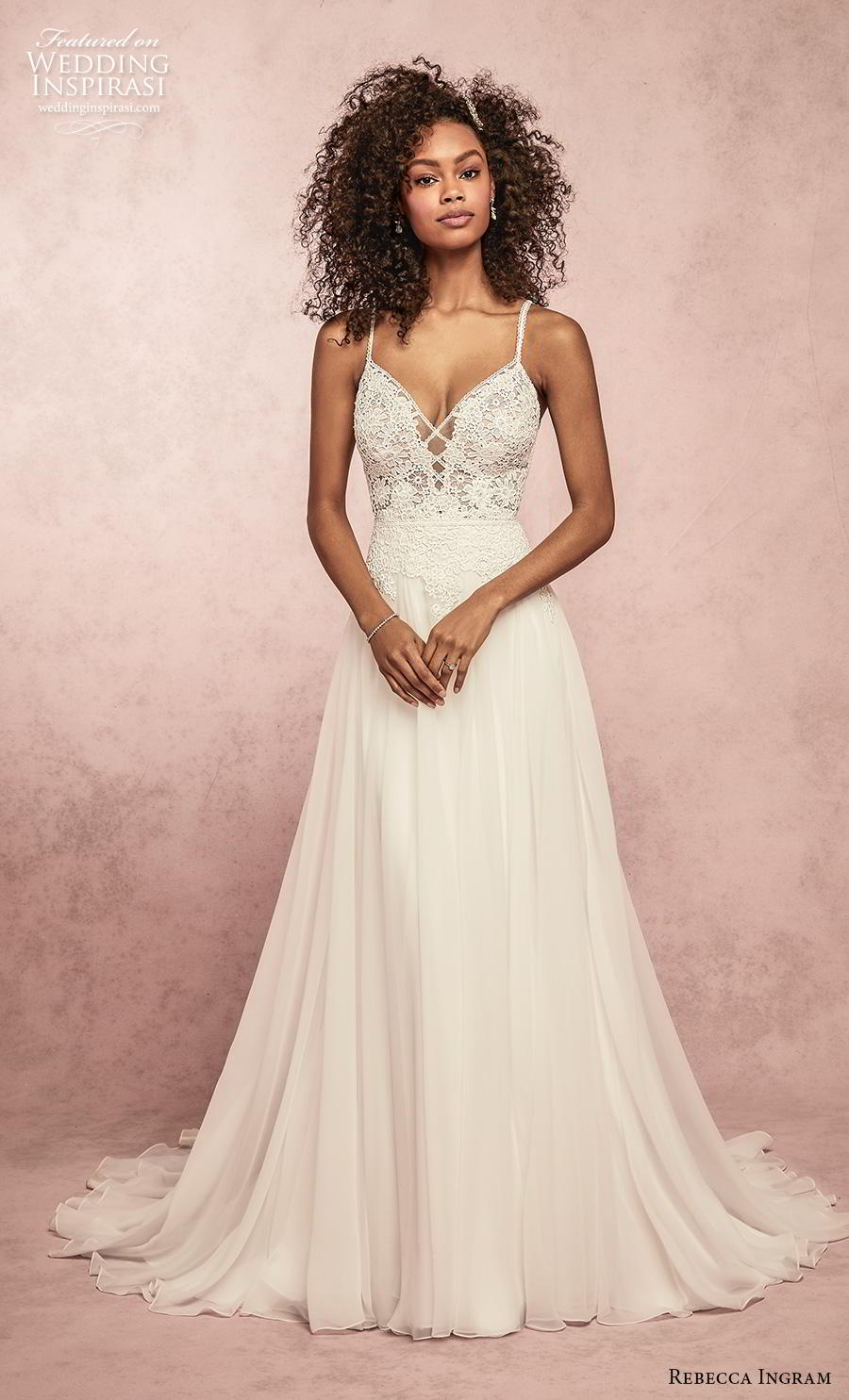 rebecca ingram s2019 bridal sleeveless spaghetti strap diamond neck heavily embellished bodice romantic a  line wedding dress backless v back medium train (12) mv