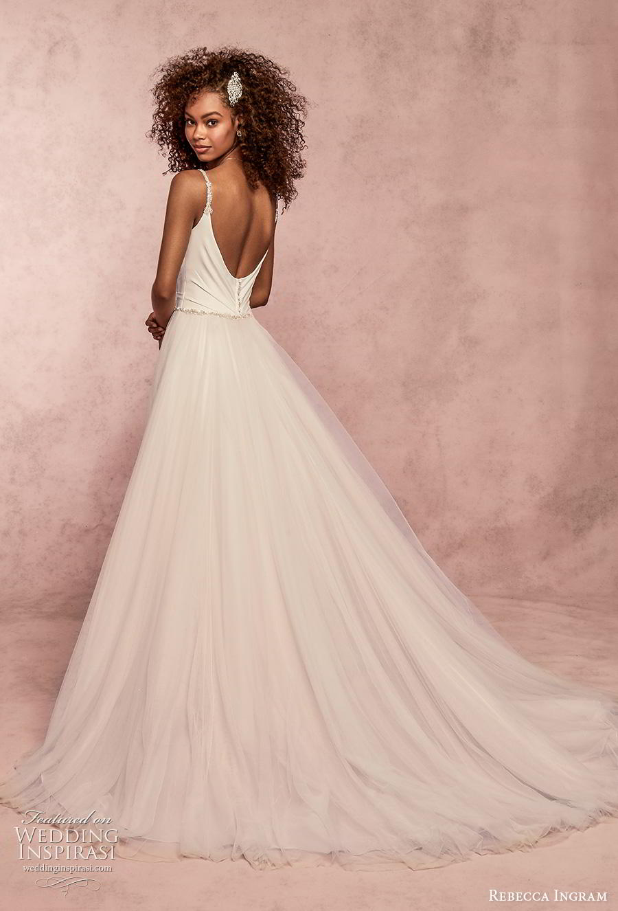 rebecca ingram s2019 bridal sleeveless thin strap simple wrap over tulle skirt romantic a  line wedding dress backless scoop back chapel train (7) bv